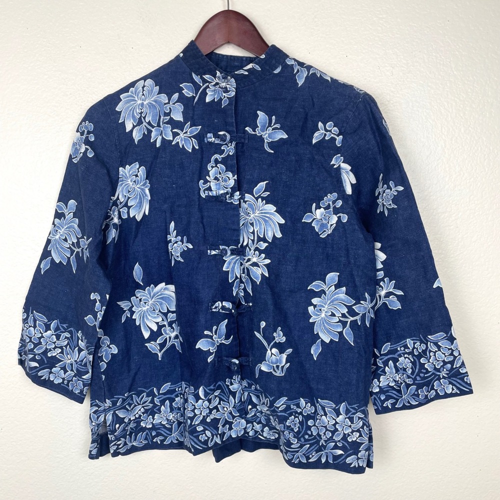 Jones New York Tunic Top Sz S/M %100 Linen Mandarin Frog Closure Artsy Boho